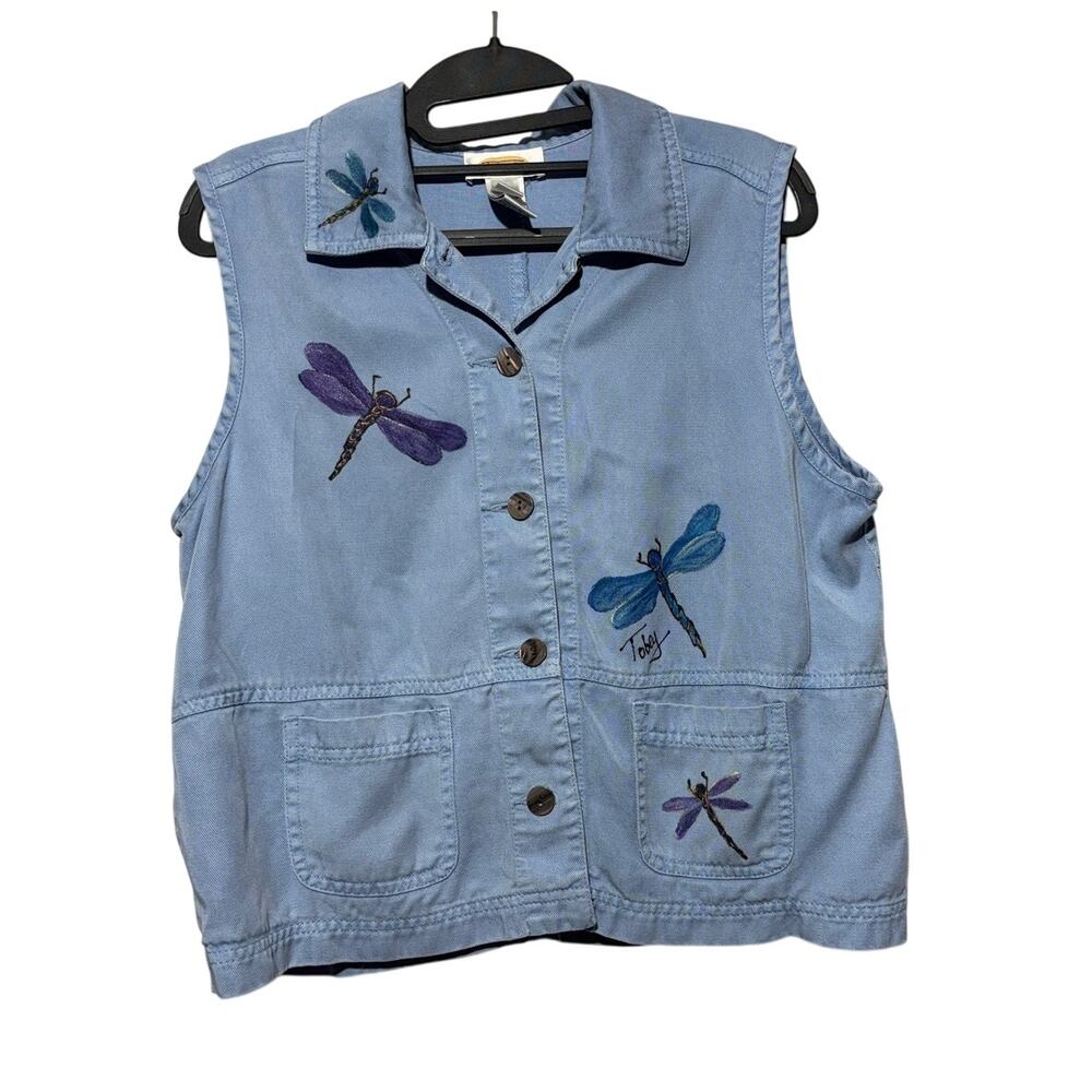 Talbots Denim Blue Tank Top Art to Wear Dragonfly Tencel Button Up One of a Kind